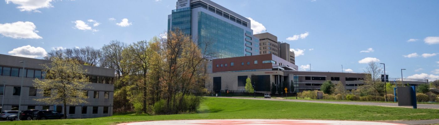 Spring views of John Dempsey Hospital's University Tower in Farmington, Connecticut.