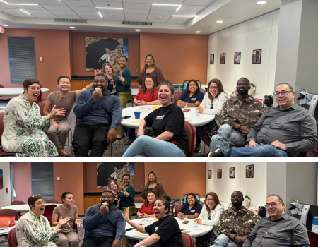 collage of group of people sitting around table smiling at camera